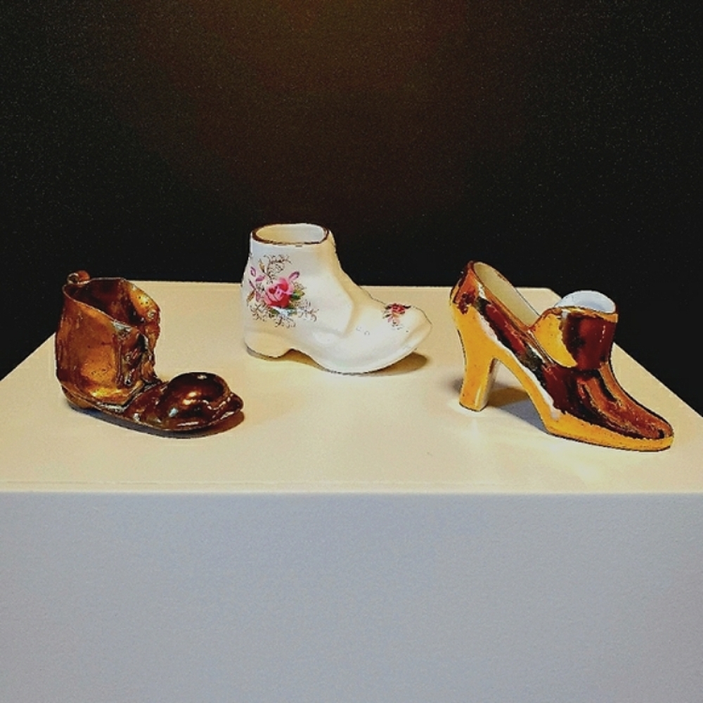 Vintage Miniature Women's Shoe Collection Brass Bone China Porcelain
